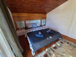 a bedroom with a bed with blue pillows on it at Still Garden House in Bezden +48 photos