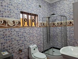 a bathroom with a shower and a toilet and a sink at Golden View Guest House in Lilongwe +53 photos