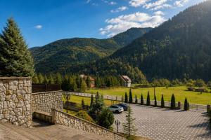 a car parked in a parking lot with mountains in the background at Albert Mountain Retreat & SPA in Lepşa