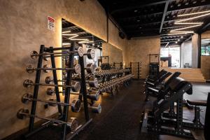a gym with several rows of weight machines at The Lario Collection - A Wellness Resort in Seminyak +47 photos