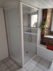 a bathroom with a shower and a shower backdoor at Gite Le Clos de Sée in Chérencé-le-Roussel +95 photos