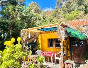a small yellow house with a table and chairs at Studio Mazo La Habitación in Lodero