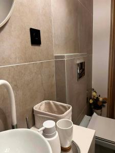 a bathroom with a sink and a counter with cups at Apartament Bydlino in Bydlino +4 photos