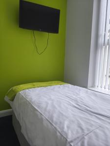 a bedroom with a bed with a television on a green wall at The Roost in Derry Londonderry