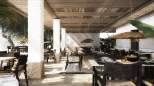 a restaurant with wooden tables and chairs and tables and chairs at Almi Luxury Rooms in Amoopi