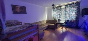 a living room with a couch and a table at Sunset Bird Watcher Apartament in Visaginas