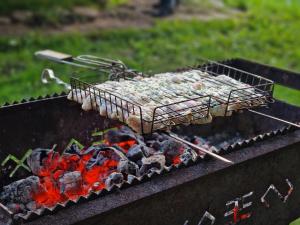 a grill with a rack of food on it at Guest house Oaze in Miglāni