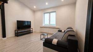a living room with a couch and a flat screen tv at Dream Apartments 3B KLIMATYZACJA in Oświęcim