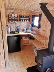 a kitchen with a stove in a wooden cabin at Maringotka Rozálka in Dlouhá Stropnice