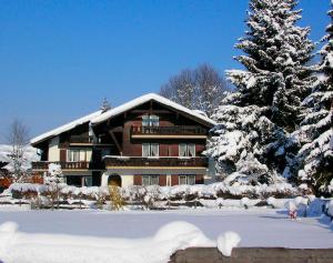 un bâtiment recouvert de neige avec un arbre devant lui dans l'établissement Gästehaus Elvia, à Oberstdorf