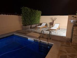a pool with two chairs and a deer in the background at Chalet la dimora di Barbara in San Barnaba +19 photos