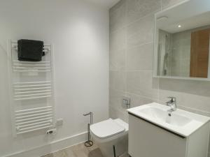 a white bathroom with a toilet and a sink at Glynllifon 5 in Llanallgo +14 photos