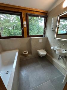 a bathroom with a tub and a toilet and a sink at Nürburgring Eifelhaus in Baar +23 photos