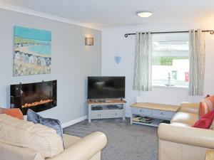 a living room with a couch and a tv and a fireplace at Quayside in Cemaes Bay