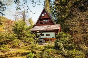 a cabin in the woods with a wooden roof at Squirrel cottage Chata Veverica in Dolná Lehota