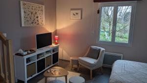 a living room with a television and a chair at Gîte de la Pinsonnerie in Fondettes
