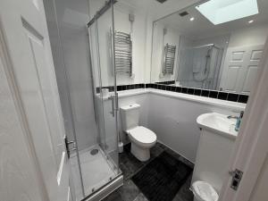 a bathroom with a shower and a toilet and a sink at Ely Stays City Center 2 Bedroom Flat in Ely