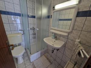 a bathroom with a sink and a toilet and a mirror at Apartment Ruzmarin in Šilo +55 photos