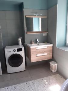 a small bathroom with a washing machine and a sink at Le Gite des Sources in Lormes