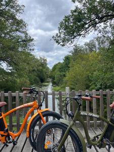 two bikes parked next to a fence next to a river at Lodge de Loire - B & B proche Chambord in Saint Laurent Nouan