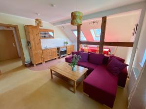 a living room with a purple couch and a table at Naturerlebnishof Uferloos in Kienitz