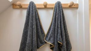 two towels hanging on a wooden rack on a wall at Hakuna Matata in Saint-Brieuc
