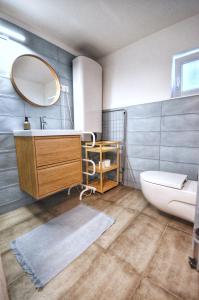 a bathroom with a sink and a toilet and a mirror at Aranyos Házikó in Nagymaros