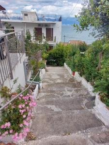 a walkway leading up to a house with flowers at Seaview Apartments Petalidi in Petalidi