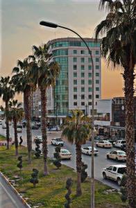 a street light with palm trees in front of a building at Erbil Platinum Hotel in Erbil