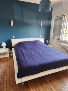 a blue bedroom with a bed with a blue blanket at Charmante maison in Dinard