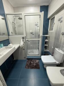 a blue and white bathroom with two toilets and a shower at Pavillon corniche Bord de mer Proche Centre in Mohammedia +25 photos