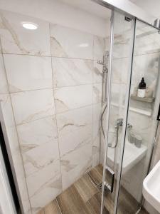 a shower with a glass door and a sink at Apartment Nero in Izola