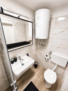 a bathroom with a sink and a toilet and a mirror at Apartment Nero in Izola
