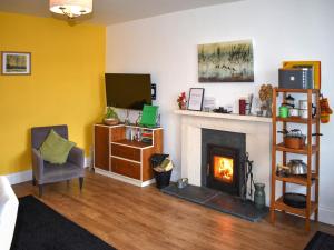 a living room with a fireplace and a tv at Little Gubbs in West Buckland