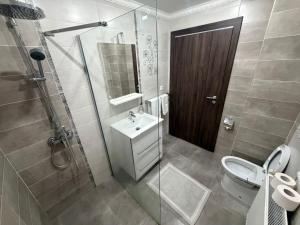 a bathroom with a shower and a sink and a toilet at Casa Aura in Hunedoara +4 photos