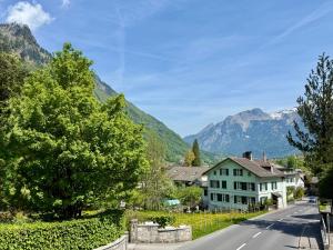 a street in a village with mountains in the background at Hotel Central - Self Check-in in Luchsingen