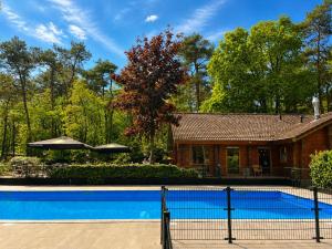 a swimming pool in front of a house at Boshuis de Boompjes in Doornspijk
