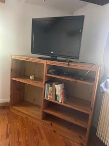a television on a wooden entertainment center with books at Chambre Double à 8min de Strasbourg in Vendenheim