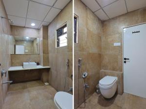 two pictures of a bathroom with a toilet and a sink at Hotel Shiv Vatika, Vesu in Surat