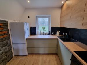 a kitchen with a white refrigerator and a window at Domek pod Widetą in Smerek +12 photos