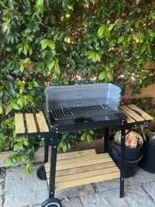 a barbecue grill sitting in front of a bush at Apartma Suzy in Pobegi
