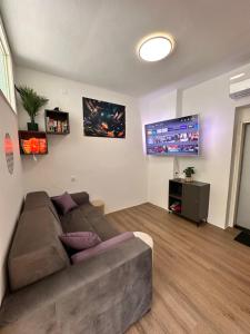 a living room with a couch and a flat screen tv at Rina Apartments, Cozy Riverside Stay in Luče, near Logar Valley in Luče