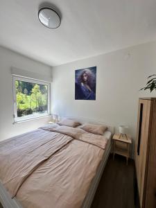 a bedroom with a large bed with a window at Rina Apartments, Cozy Riverside Stay in Luče, near Logar Valley in Luče
