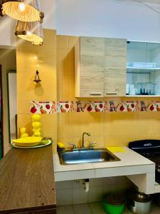 a kitchen with a sink and a counter top at Cabañas Turísticas Castrolandia in San Antero +35 photos