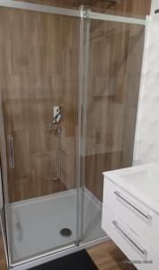 a shower with a glass door in a bathroom at Apartamenty Sokółka II in Sokółka