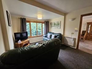 a living room with a leather couch and a television at Cottage - Sleeps 5 - Garden - River Side in Garve