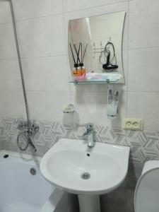 a bathroom with a white sink and a mirror at Elan apartment in Gori +11 photos