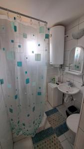 a bathroom with a shower curtain and a sink at Kod mosta in Pirot