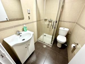 a bathroom with a sink and a shower and a toilet at Teleferico Center Funchal in Funchal