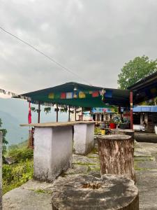 a building with awning and a table with a tree stump at Kimche Guest House in Astam